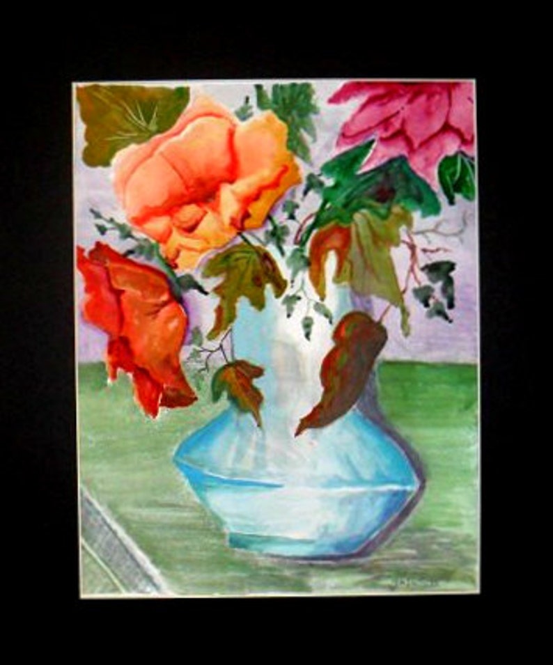 May include: A watercolor painting depicting a light blue vase filled with vibrant orange and red flowers, accompanied by green and brown leaves. The composition is set against a light purple background with a green surface in the foreground.