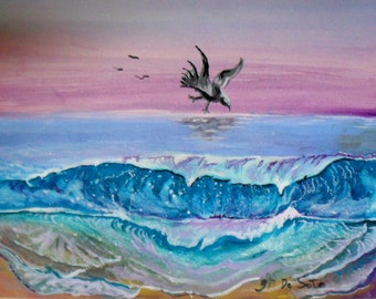 Blue Ocean Waves, Pink Sky, Nautical Wall Decor, Watercolor Original Painting Print, Bedroom Decor Coastal Wall Art # 58