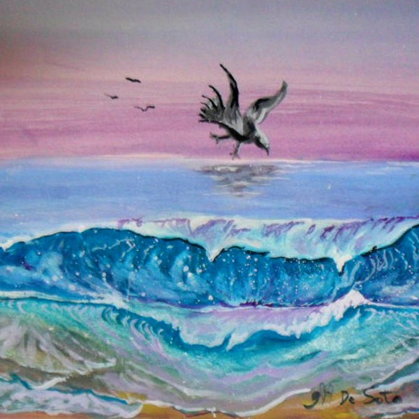 Blue Ocean Waves, Pink Sky, Nautical Wall Decor, Watercolor Original Painting Print, Bedroom Decor Coastal Wall Art # 58