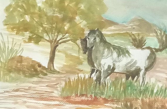 A pair of black/white horses watercolor art print landscape original paint holiday gifting