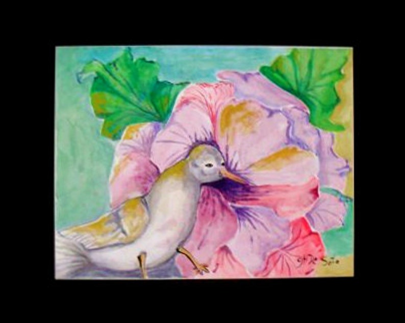 May include: A watercolor painting of a white bird with a yellow beak perched on a pink and purple flower with green leaves.