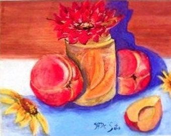 桃の水彩画、フルーツの静物画、フルーツの絵画、植物の壁画