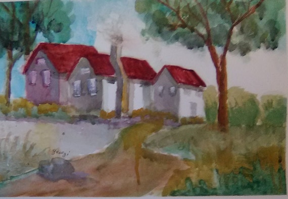 Village in Red, Watercolor Art Work Print, Original Painting in Watercolor ,Gifts  # 225