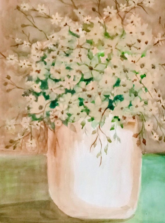 Yellow Flower 's and Yellow Vase Watercolor Art Print My Original Painting Recreated   Holiday Gift #245