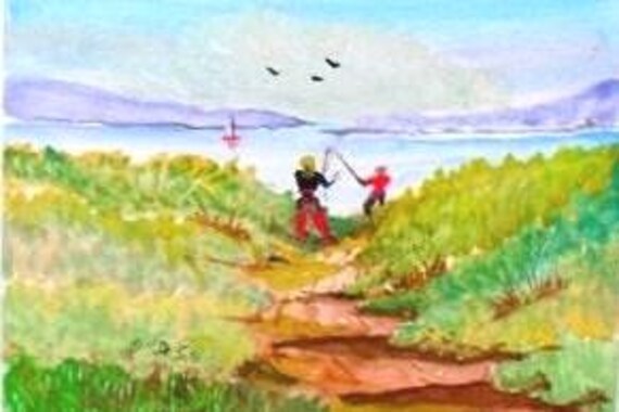 2 Fishermen at the Seashore , Watercolor Original Painting Print, Gift for Dad  Landscape Art Work, lake shore, watercolor painting,#04