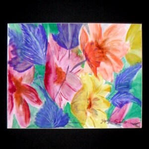 May include: Watercolor painting of colorful flowers in shades of pink, purple, yellow, and orange. The flowers are arranged in a cluster and appear to be blooming.