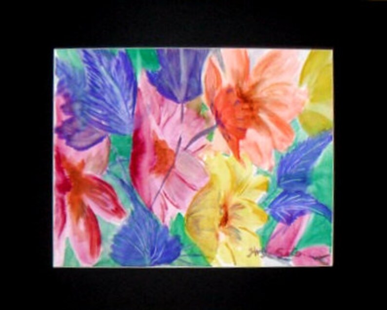May include: Watercolor painting of colorful flowers in shades of pink, purple, yellow, and orange. The flowers are arranged in a cluster and appear to be blooming.