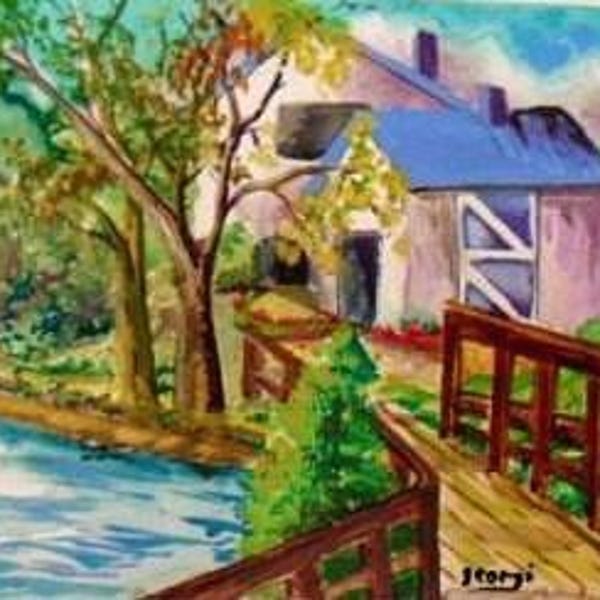 Bridge to the Blue house, landscape watercolor painting , Bridge original print, Home decor,Wall art, living room decor gift #17