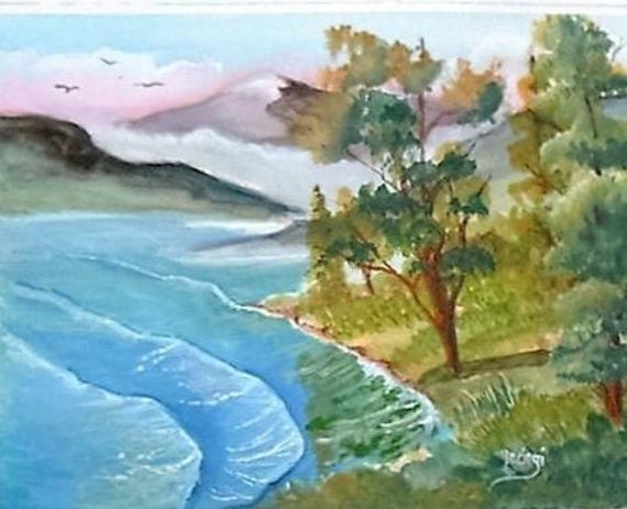 Folk art painting, lake shore, modern wall art, wall pictures, artwork for home, landscape painting, unique wall art, wall decor,#57