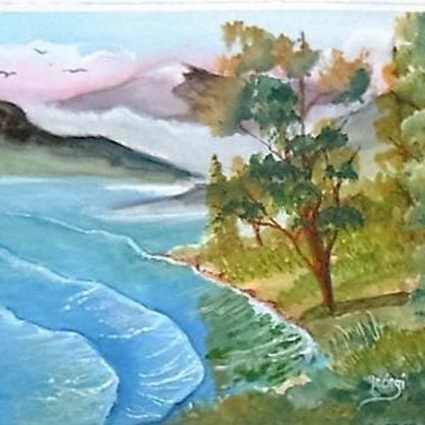 Folk art painting, lake shore, modern wall art, wall pictures, artwork for home, landscape painting, unique wall art, wall decor,#57