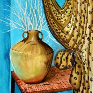 Still life art, golden vase, wall prints, folk art, gold curtain, watercolor painting, gold wall art, watercolor prints, foyer decor 54A image 1