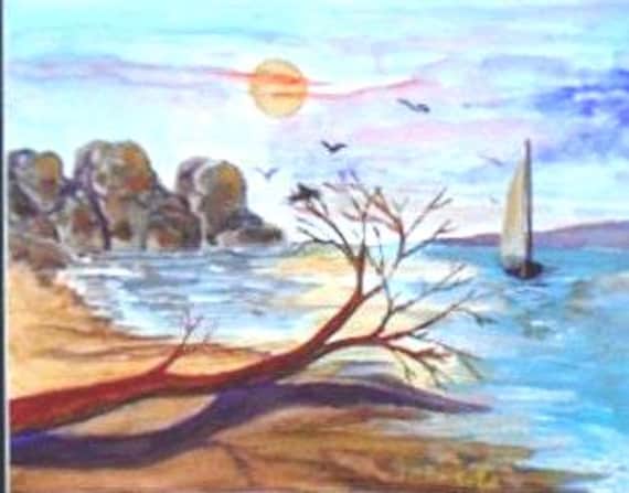 Fallen Tree, Ocean Beach Sunset, Sail Boat ,Mountan, Beach Wall Art, Watercolor Original Painting Prints, Ocean decor, Brithday Gift # 009