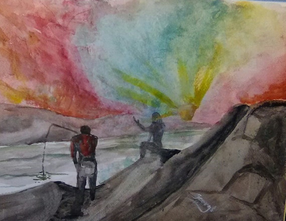 Fishing at Sunset, Watercolor Art Print, Kitchen Wall Art. Gift for Frind ,Gift for Mother,#220