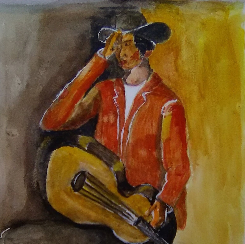 May include: A watercolor painting of a person wearing a red jacket and a hat, holding a guitar. The person is sitting in a chair with a brown background.