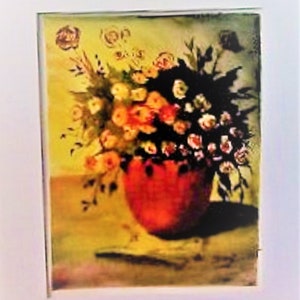 May include: A painting of a bouquet of pink, white, and yellow flowers in a red vase. The flowers are arranged in a loose, natural style, and the vase is sitting on a table with a yellow tablecloth.