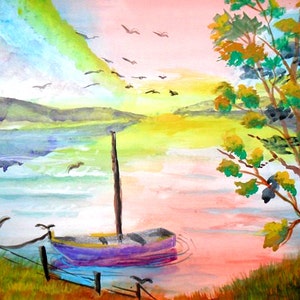 Sunset colors, watercolor sailboat beach print, Landscape wall art, watercolor painting, coastal decor, nautical painting Holiday gift,334 image 1