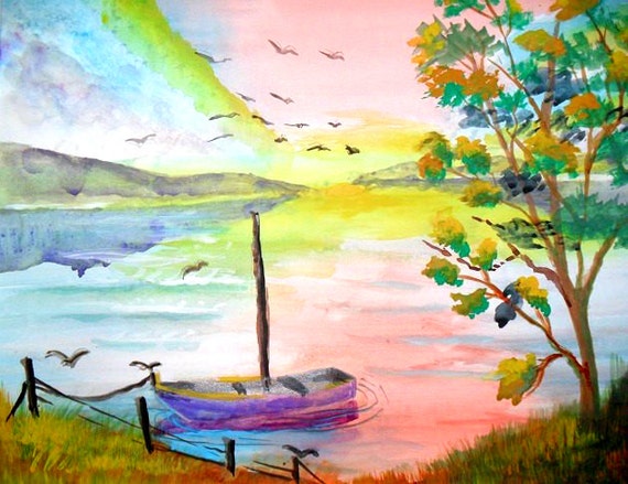 Sunset colors, watercolor sailboat beach print, Landscape wall art, watercolor painting, coastal decor, nautical painting  Holiday gift,#334