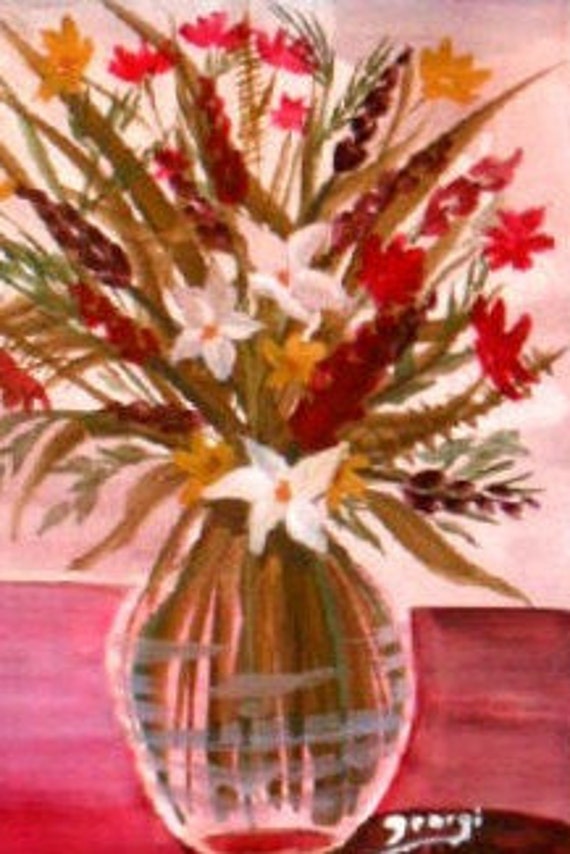 White and Red flowers, Watercolor Painting print , Floral Bouquet in a glass vase, flower wall art,  paintings of flowers, Xmas gifts #320