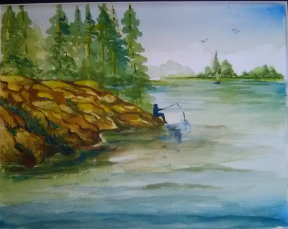 Men Setting on a Hill Fishing  Canadian lake Pinting , Watercolor Original  Painting Print, Landscape Art Work  Home decor ,Gift For Dad #6