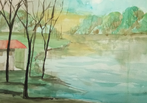 Red House Watercolor Landscape Painting Print Lake Landscape Watercolor Print 11x14 Print Fits 16x20inch Matte Matte Shipping FREE #250