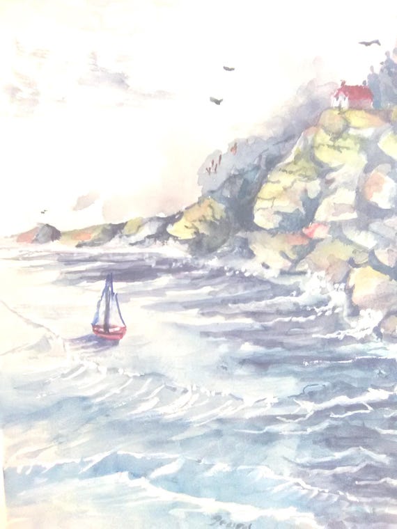 Memorial Day Art, Rustic wall decor, 11x14in Artwork Print, sail boat in ocean, Watercolor Original Art Print, Gift,  Colorful Painting #209