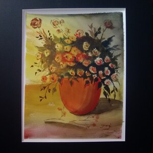 May include: A watercolor painting of a bouquet of flowers in a terracotta pot. The flowers are a mix of yellow, orange, and white, and the background is a soft yellow.
