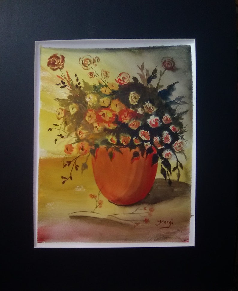 May include: A watercolor painting of a bouquet of flowers in a terracotta pot. The flowers are a mix of yellow, orange, and white, and the background is a soft yellow.