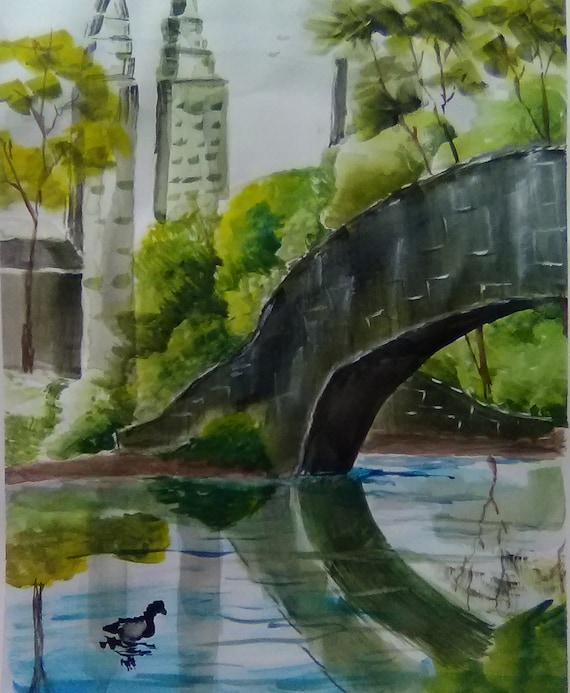 Central Park, New York", Watercolor Painting, Park Painting, Bidge, Original Wall Art Painting, Gift # 195