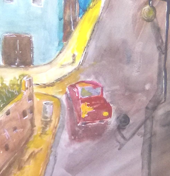 Take a Ride, Blue House, Red Car Art Work Print,, Wall Decor, Wall Art, Watercolor Painting Art Print, City Street, City space  #219