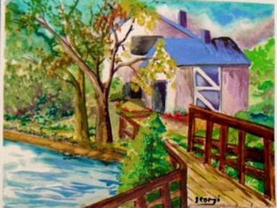 Bridge to the Blue house, landscape watercolor painting , Bridge original print, Home decor,Wall art, living room decor gift #17