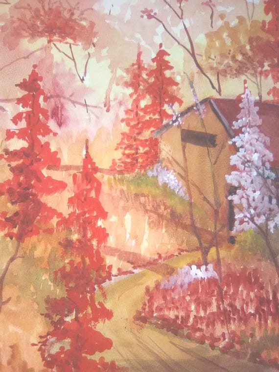 Autumn Red Forest, Watercolor landscape Painting Print, of Original Painting, Holiday Gift, Kitchen Wall Art,#181