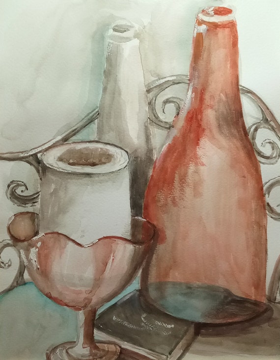 Pink Vase Watercolor Original Painting Print Still Life Painting Print of Original Art Work Over all size 16x20 Inch Matted Print Gift #248