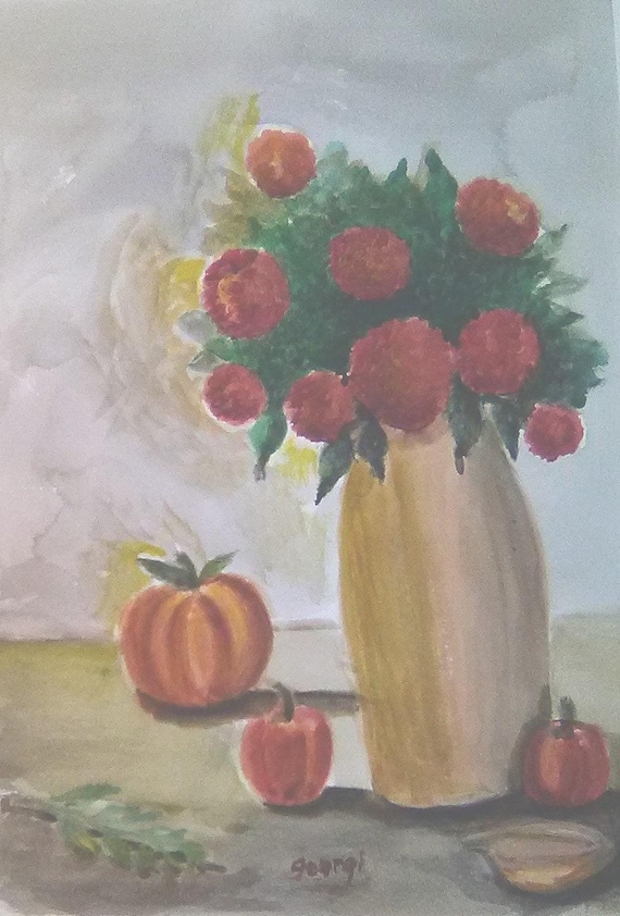 Still Like Painting, Pumpkin, Apple, Vase with Red Flowers, Watercolor Art Print,, Home Decore Folk Art Print# 226