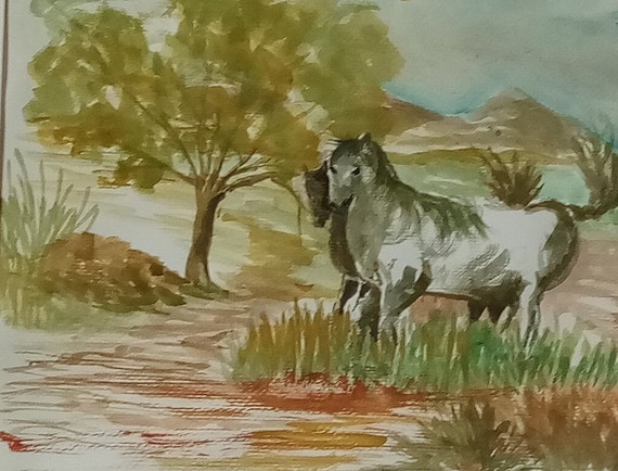 A pair of black/white horses watercolor art print landscape original paint holiday gifting