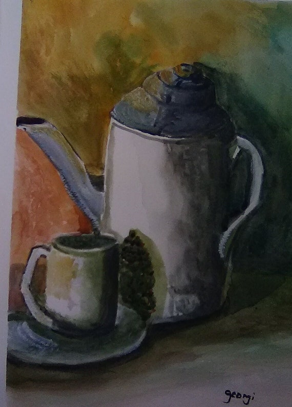 Have some Tea, Watercolor Artwork Print, Tea Pot, Stiii life Painting, Kitchen Wall Art , Home Decor , contemporary art,#224