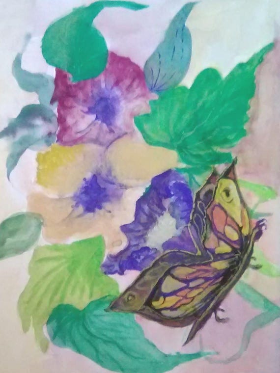 Butterfly Floral Watercolor Painting Print, Butterfly, Yellow Red Flowers Artwork ,  Anniversary Gift ,Bedroom Wall Art #007