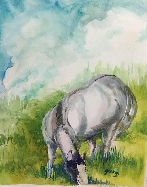 Grazeing Horse, Horse Watercolor Original Painting Print, Painting of a Horse, Landscape Horse Painting House warming Gift, #197