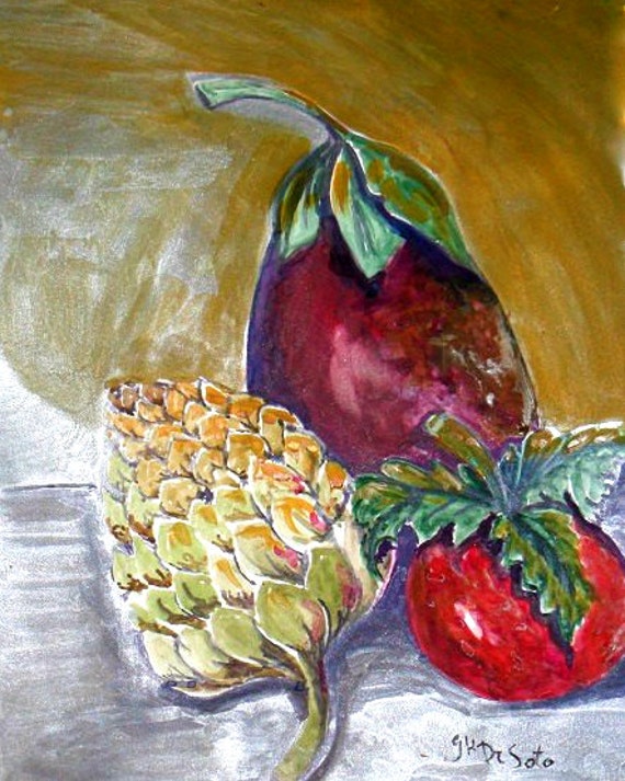 Kitchen wall art, fruit art, still life, red tomato, watercolor prints, eggplant art, wall pictures, artichoke art, dining room art #013