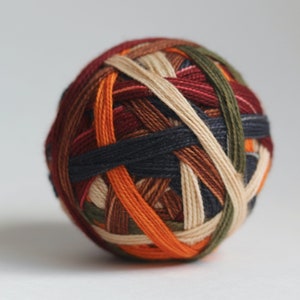 Ready to Ship! Skein: "Evermore (6 color self-striping)" -  Soft Tan, Woodsy Brown, Thyme, Deep Charcoal, Orange, & Deep Red