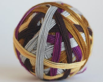 Ready to Ship! Skein: "Golden Hour (5 color self-striping)" -Yellow, Silver, Gold, Purple, Dark Brown Stripes