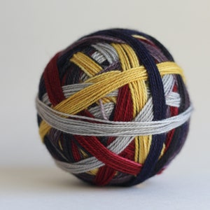 Ready to Ship! Skein: "Blood on the Moon (6 stripe)" - Pale Yellow, Blurple, Silver, Gray, Deep Red & Dark Charcoal Gray