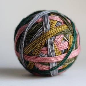 Ready to Ship! Skein: "Merry Kitschmas (5 color self-striping)" -  Platinum Gray, Pale Pink, Dried Sage, Light Gold & Winter Green