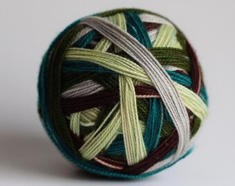 Ready to Ship! Skein: "Book Boyfriend (5 stripe)" - Pale Gray, Avocado Green, Pale Green, Dark Brown & Teal Stripes