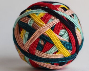 Ready to Ship! Skein: "Meet Cute (7 color striping)" - Yellow, Pale Pink, Red, Pale Pink, Mint, Teal & Dark Navy Stripes