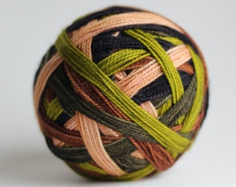 Ready to Ship! Skein: "Simple Wild (5 color self-striping)" - Thyme, Peachy Blush, Scummy Green, Woodsy Brown, Black Stripes