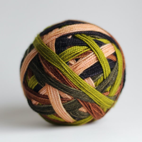 Ready to Ship! Skein: "Simple Wild (5 color self-striping)" - Thyme, Peachy Blush, Scummy Green, Woodsy Brown, Black Stripes