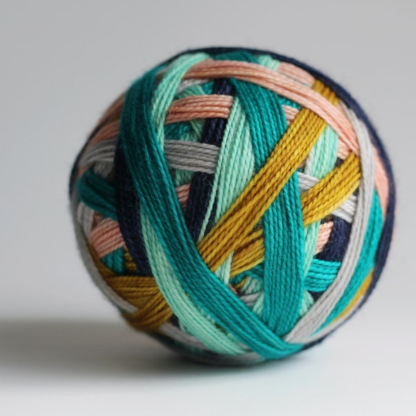 Ready to Ship! Skein: "Long Winter's Nap (6 color self-striping)" -  Pale Silver, Mint, Pale Blush, Gold, Navy & Deep Aqua