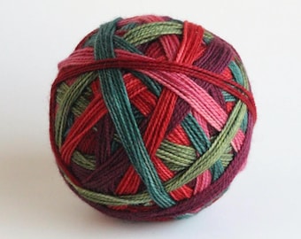 Self-Striping Sock Yarn: Ready to Ship! Skein "Cottagecore (6 color self-striping)" - Forest Green, Green, Mauve, Berry, Deep Red, Wine