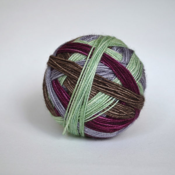 Dyed to Order: "Mantel (self-striping)" - Sage green, brown, silver gray and wine purple stripes