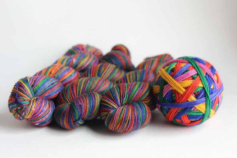 Ready to Ship Skein: Funny Story 6 color self-striping Hyacinth Purple, Pink, Orange, Yellow, Royal Blue Purple, Green image 8